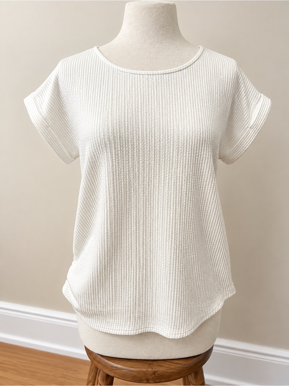 Women’s White Ribbed Short Sleeve Top